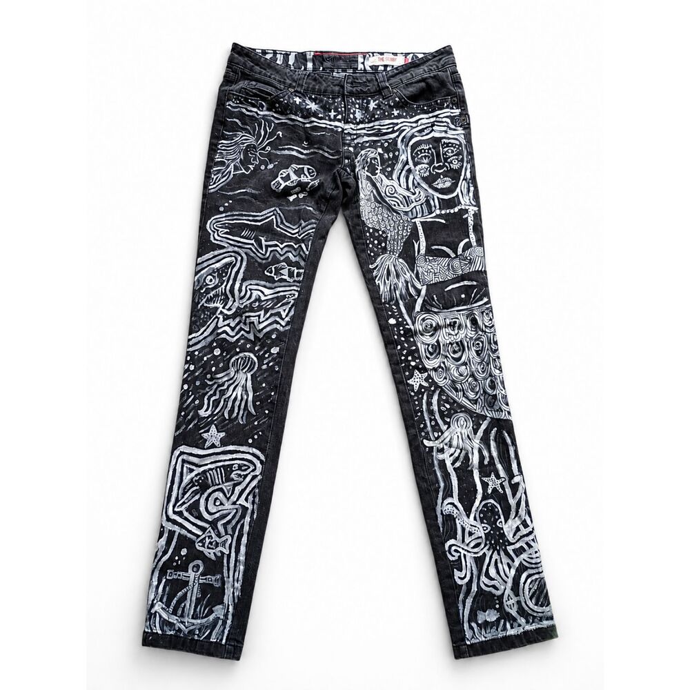 Billabong Junior Size 7 The Skinny Hand Painted Mermaid Ocean Art Black Jeans